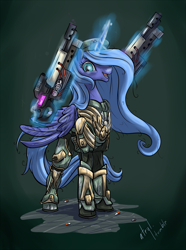 Size: 891x1200 | Tagged: safe, artist:atryl, princess luna, alicorn, pony, armor, asmd shock rifle, beret, commission, crossover, dual wield, female, gun, magic, mare, open mouth, pills, s1 luna, solo, the fun has been doubled, thunder crash, unreal tournament, ut2004, warrior luna, weapon