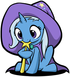 Size: 905x1000 | Tagged: safe, artist:stardustxiii, trixie, pony, unicorn, best pony, biting, clothes, cute, daaaaaaaaaaaw, diatrixes, female, filly, foal, hat, nom, photoshop, robe, shadow, simple background, sitting, solo, transparent background, trixie's cape, trixie's hat, wand