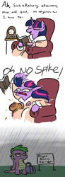 Size: 571x1552 | Tagged: safe, artist:jargon scott, spike, twilight sparkle, dragon, book, clock, clothes, comic, cup, dragon practice, female, food, forgetful, male, mama twilight, mare, neglect, rain, robe, simpsons did it, spike is not amused, suitcase, tea, teacup, the simpsons, unamused