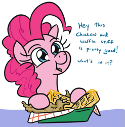Size: 557x563 | Tagged: safe, artist:jargon scott, pinkie pie, earth pony, pony, chicken and waffles, cute, dialogue, diapinkes, eating, female, food, mare, ponies eating meat, simple background, solo, white background