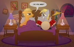 Size: 720x456 | Tagged: safe, artist:lissystrata, derpy hooves, pegasus, pony, bed, doctor who, drums, female, male, mare, photoshop, ponified, poster, shipping, stallion, straight, the master