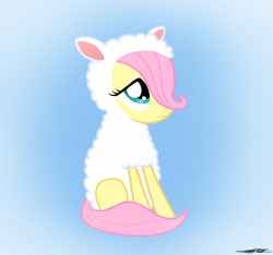 Size: 1510x1413 | Tagged: safe, artist:willisninety-six, fluttershy, lamb, pegasus, pony, sheep, clothes, costume, female, filly, fluttersheep, foal, gradient background, photoshop, sitting, solo