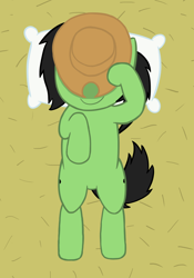 Size: 1624x2318 | Tagged: safe, artist:craftycirclepony, oc, oc only, oc:anon filly, applejack's hat, covering face, cowboy hat, female, filly, from above, hat, hat over eyes, hat tip, hay, hooves to the chest, lying down, on back, pillow, raised leg, resting, smiling, solo, stetson