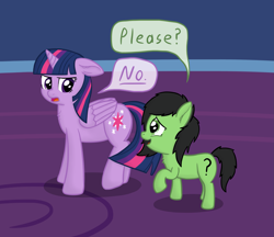Size: 3189x2753 | Tagged: safe, artist:craftycirclepony, twilight sparkle, twilight sparkle (alicorn), oc, oc:anon filly, alicorn, angry, annoyed, begging, chest fluff, cute, dialogue, duo, ear fluff, female, filly, floppy ears, frown, looking at each other, looking back, no, open mouth, please, raised leg, scrunchy face, smiling, speech bubble, twilight is not amused, twilight's castle, unamused