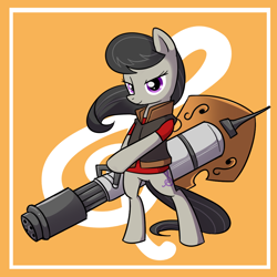 Size: 1000x1000 | Tagged: safe, artist:madmax, octavia melody, earth pony, pony, bipedal, commission, crossover, cutie mark background, female, gun, heavy, heavy weapons guy, mare, solo, team fortress 2, weapon