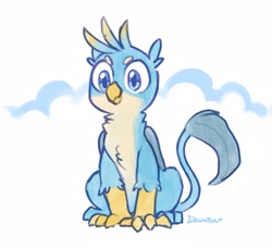 Size: 2048x1871 | Tagged: safe, artist:dawnfire, gallus, griffon, chest fluff, cloud, cute, gallabetes, leg fluff, looking at you, male, neck fluff, simple background, sitting, smiling, solo, white background