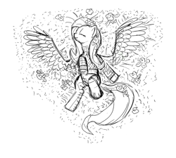 Size: 1200x1080 | Tagged: safe, artist:zlack3r, fluttershy, pegasus, pony, clothes, eyes closed, female, flower, mare, monochrome, on back, sketch, solo, sweater, sweatershy