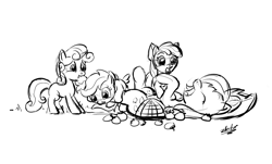 Size: 1698x1024 | Tagged: safe, artist:zlack3r, apple bloom, applejack, scootaloo, sweetie belle, earth pony, pegasus, pony, unicorn, apple, cutie mark crusaders, female, filly, food, gimp, laughing, mare, monochrome, on back, simple background, tickling