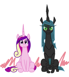 Size: 640x711 | Tagged: safe, artist:jargon scott, princess cadance, queen chrysalis, alicorn, changeling, changeling queen, pony, female, heart eyes, lidded eyes, mare, quadrupedal, simple background, sitting, slit eyes, wingding eyes