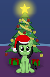 Size: 1650x2550 | Tagged: safe, artist:craftycirclepony, oc, oc only, oc:anon filly, chest fluff, christmas, christmas lights, christmas star, christmas tree, ear fluff, female, filly, happy, hat, holiday, looking at you, ornament, present, ribbon, santa hat, sitting, smiling, solo, stars, tree