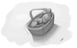 Size: 1344x832 | Tagged: safe, artist:zlack3r, apple bloom, earth pony, pony, basket, curled up, female, filly, grayscale, monochrome, pony in a basket, sketch, sleeping, solo