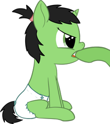 Size: 2252x2525 | Tagged: safe, artist:cleverround, oc, oc only, oc:anon filly, pony, unicorn, angry, baby, baby pony, biting, clothes, cute, diaper, female, filly, hair tie, hoof biting, offscreen character, raised leg, scrunchy face, simple background, sitting, transparent background