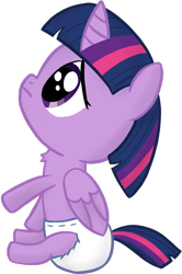 Size: 980x1476 | Tagged: safe, artist:cleverround, twilight sparkle, twilight sparkle (alicorn), alicorn, pony, ail-icorn, spoiler:interseason shorts, age regression, baby, baby pony, babylight sparkle, chest fluff, cute, diaper, female, foal, frown, raised leg, sad, simple background, sitting, solo, transparent background, twiabetes