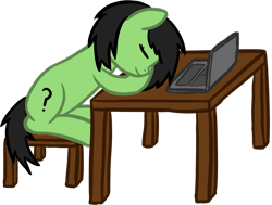 Size: 1480x1117 | Tagged: safe, artist:craftycirclepony, oc, oc only, oc:anon filly, pony, binary, chair, computer, cute, eyes closed, female, filly, laptop computer, simple background, sleeping, solo, table, transparent background