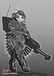 Size: 707x1000 | Tagged: safe, artist:empressbridle, oc, oc only, anthro, antennae, armor, bullet, camouflage, gradient background, grayscale, grin, gun, gunpony, helmet, microphone, mk 19, monochrome, padding, shells, simple background, smiling, solo, visor, weapon