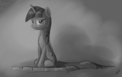 Size: 866x546 | Tagged: safe, artist:zlack3r, twilight sparkle, unicorn twilight, pony, unicorn, annoyed, female, grayscale, mare, monochrome, sitting, sketch, solo