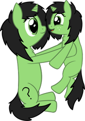 Size: 2313x3295 | Tagged: safe, artist:craftycirclepony, oc, oc only, oc:anon filly, pony, unicorn, adoranon, chest fluff, cute, duo, female, filly, freckles, holding, holding a pony, looking at each other, open mouth, raised leg, simple background, sitting, smiling, transparent background, upsies