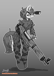 Size: 707x1000 | Tagged: safe, artist:empressbridle, anthro, bullet, camouflage, female, gradient background, grayscale, gun, gunpony, monochrome, mosin nagant, solo, weapon