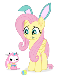 Size: 1200x1600 | Tagged: safe, artist:spookitty, angel bunny, fluttershy, pegasus, pony, rabbit, angel is not amused, animal costume, bunny costume, bunny ears, bunnyshy, clothes, costume, cute, duo, easter, easter bunny, easter egg, holiday, holiday special, movie accurate, patreon, shyabetes, whiskers