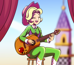 Size: 1500x1300 | Tagged: safe, artist:rockset, applejack, equestria girls, sparkle's seven, apple chord, boots, clothes, cowboy boots, cowboy hat, cute, equestria girls interpretation, eyes closed, female, freckles, guitar, guitar pick, hat, jackabetes, jumpsuit, open mouth, scene interpretation, shoes, solo, stetson, yeehaw