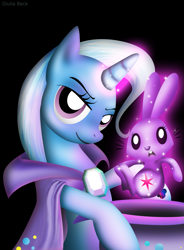 Size: 1661x2252 | Tagged: safe, artist:giuliabeck, trixie, twilight sparkle, pony, rabbit, unicorn, black background, bunnified, bunny sparkle, female, looking at you, magic, magic trick, mare, photoshop, simple background, species swap