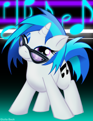 Size: 700x909 | Tagged: safe, artist:giuliabeck, dj pon-3, vinyl scratch, pony, unicorn, female, glasses, mare, music notes, photoshop, solo