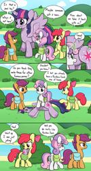 Size: 1500x2800 | Tagged: safe, artist:skitter, apple bloom, scootaloo, sweetie belle, twilight sparkle, twilight sparkle (alicorn), alicorn, earth pony, inflatable pony, pegasus, pony, unicorn, comic, cutie mark crusaders, deflation, female, filly, inanimate tf, inflatable, inflatable toy, magic, mouth hold, pool toy, saddle bag, telekinesis, transformation, transformed