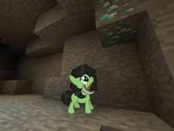 Size: 2000x1500 | Tagged: safe, artist:craftycirclepony, derpibooru exclusive, oc, oc only, oc:anon filly, earth pony, pony, adoranon, cave, chest fluff, cute, diamond, diamond ore, female, filly, iron pickaxe, looking up, minecraft, mouth hold, smol, solo, starry eyes, wingding eyes