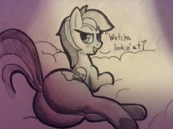 Size: 2592x1936 | Tagged: source needed, safe, artist:infrayellow, rainbow dash, pegasus, pony, /mlp/, cloud, dialogue, dock, female, mare, monochrome, plot, rainbutt dash, sketch, solo, stupid sexy rainbow dash, traditional art