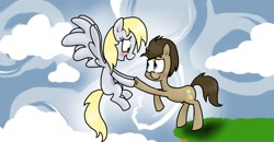 Size: 1600x830 | Tagged: safe, artist:mcnuggyy, derpy hooves, doctor whooves, earth pony, pegasus, pony, blushing, cliff, cloud, doctorderpy, eye contact, female, flying, hoof hold, looking at each other, male, mare, shipping, stallion, straight