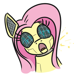 Size: 477x473 | Tagged: safe, artist:jargon scott, fluttershy, pegasus, pony, robot, robot pony, bust, electrocardiogram, flutterbot, malfunction, open mouth, simple background, solo, sparks, white background