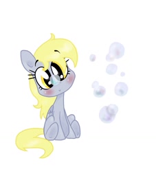 Size: 1300x1430 | Tagged: safe, artist:mcnuggyy, derpy hooves, pegasus, pony, bubble, female, filly, foal, head tilt, simple background, sitting, solo, white background