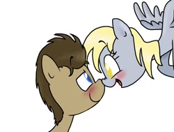 Size: 1100x830 | Tagged: safe, artist:mcnuggyy, derpy hooves, doctor whooves, earth pony, pegasus, pony, blushing, boop, colored pupils, doctorderpy, eye contact, female, flying, looking at each other, male, mare, noseboop, shipping, simple background, stallion, straight, white background