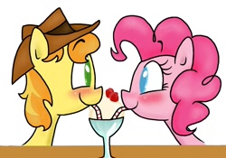 Size: 1000x700 | Tagged: safe, artist:mcnuggyy, braeburn, pinkie pie, earth pony, pony, blushing, braepie, colored pupils, eye contact, female, ice cream, looking at each other, male, mare, rarepair, sharing a drink, shipping, simple background, stallion, straight