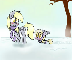 Size: 1000x830 | Tagged: safe, artist:mcnuggyy, derpy hooves, dinky hooves, pegasus, pony, unicorn, clothes, equestria's best mother, female, filly, mare, no pupils, scarf, snow, winter