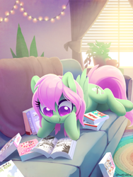 Size: 1668x2224 | Tagged: safe, artist:dawnfire, oc, oc only, oc:spectral wind, pegasus, pony, book, commission, cute, female, manga, mare, ocbetes, reading, smiling, sofa, solo