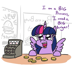 Size: 791x726 | Tagged: safe, artist:jargon scott, twilight sparkle, twilight sparkle (alicorn), alicorn, pony, 30 minute art challenge, bits, cash register, cute, dialogue, female, happy, implied fat, mare, open mouth, smiling, solo, spongebob squarepants, spread wings, starry eyes, that pony sure does love burgers, this will end in weight gain, twiabetes, twilight burgkle, wide eyes, wingding eyes, wings