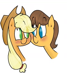 Size: 900x1030 | Tagged: safe, artist:mcnuggyy, applejack, caramel, earth pony, pony, blushing, carajack, eye contact, female, looking at each other, male, mare, no pupils, shipping, simple background, stallion, straight, white background