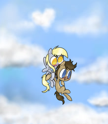 Size: 1600x1830 | Tagged: safe, artist:mcnuggyy, derpy hooves, doctor whooves, earth pony, pegasus, pony, blushing, carrying, cloud, cloudy, doctorderpy, female, flying, happy, male, mare, no pupils, shipping, sky, stallion, straight