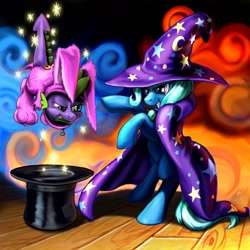 Size: 1296x1296 | Tagged: safe, artist:harwick, spike, trixie, dragon, pony, unicorn, bunny costume, butt flap, cape, clothes, costume, cute, female, hat, magic, magic trick, male, mare, photoshop, rearing, spikabetes, top hat, trixie's cape, trixie's hat, unamused, wizard hat