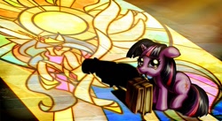 Size: 1200x658 | Tagged: safe, artist:harwick, princess celestia, twilight sparkle, alicorn, pony, unicorn, book, cute, female, filly, filly twilight sparkle, first day of school, floppy ears, foal, hnnng, mouth hold, photoshop, school, solo, stained glass, twiabetes, weapons-grade cute, younger