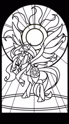 Size: 1200x2160 | Tagged: safe, artist:harwick, princess celestia, alicorn, pony, female, lineart, mare, monochrome, photoshop, rearing, solo, stained glass