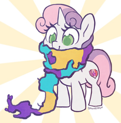 Size: 600x612 | Tagged: safe, artist:dawnfire, sweetie belle, pony, unicorn, clothes, colored pupils, crochet, cute, cutie mark, diasweetes, female, filly, scarf, solo, sunburst background, the cmc's cutie marks