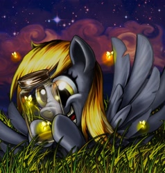 Size: 1000x1052 | Tagged: safe, artist:harwick, derpy hooves, firefly (insect), pegasus, pony, cloud, female, grass, happy, jar, mare, night, photoshop, scrunchy face, solo, stars