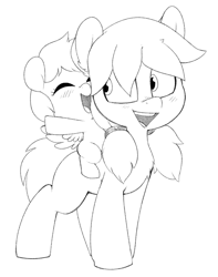 Size: 795x1007 | Tagged: safe, artist:whydomenhavenipples, oc, oc only, oc:aubade ballad, oc:whip wild, pegasus, pony, cute, female, foal, happy, piggyback ride, riding, sisters