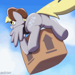 Size: 1200x1200 | Tagged: safe, artist:rockset, derpy hooves, pegasus, pony, the point of no return, animated, box, bubble butt, cute, derpabetes, featureless crotch, female, flying, frame by frame, mailmare, mailpony, mare, plot, rear view, scene interpretation, solo, the ass was fat, this side up