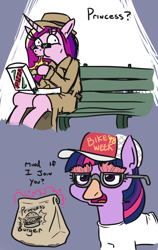 Size: 664x1051 | Tagged: safe, artist:jargon scott, princess cadance, twilight sparkle, twilight sparkle (alicorn), alicorn, pony, 2 panel comic, burger, clothes, comic, dialogue, disguise, food, groucho mask, meat, missing horn, paper-thin disguise, peetzer, pepperoni, pepperoni pizza, pizza, ponies eating meat, seems legit, that pony sure does love pizza, twilight burgkle