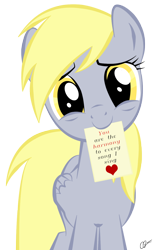 Size: 800x1300 | Tagged: safe, artist:krellyan, derpy hooves, pegasus, pony, c:, cute, derpabetes, female, head tilt, heart, lidded eyes, looking at you, mare, mouth hold, photoshop, simple background, smiling, solo, text, transparent background, underp, valentine