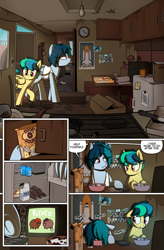Size: 1080x1649 | Tagged: safe, artist:alittleofsomething, artist:shinodage, oc, oc only, oc:apogee, oc:delta vee, pony, comic:delta vee's junkyard, boop o' roops, bottle, box, cabinet, cereal, clock, clothes, comic, cup, delta vee's junkyard, dialogue, door, female, filly, floppy ears, food, freckles, loss (meme), mare, milk, mother and child, mother and daughter, parent and child, photo, pizza, poster, potato pony, speech bubble, tanktop, television, tinyface