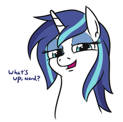 Size: 513x511 | Tagged: safe, artist:jargon scott, gleaming shield, shining armor, pony, unicorn, bust, eyeshadow, female, lidded eyes, looking at you, makeup, mare, open mouth, rule 63, simple background, smiling, solo, white background